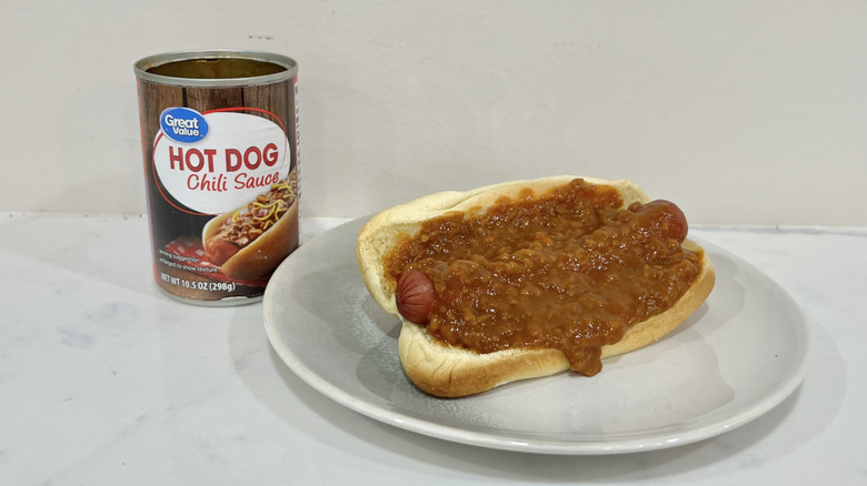 Great Value hot dog chili sauce on hot dog.