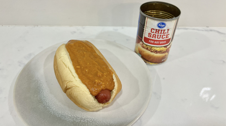Kroger chili sauce on hot dog.