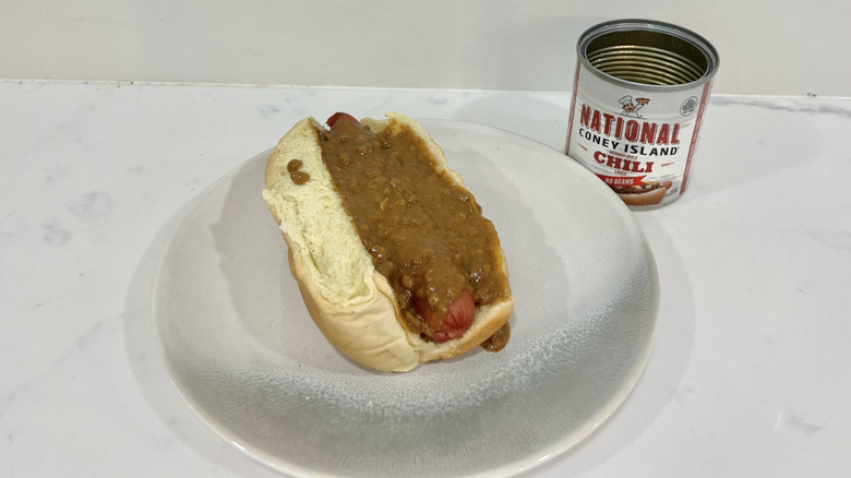 National Coney Island Detroit-style chili sauce on hot dog.