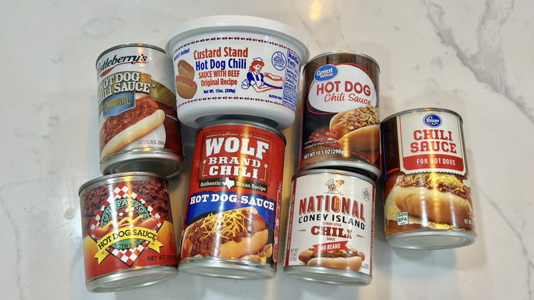 7 different brands of hot dog chili sauce.