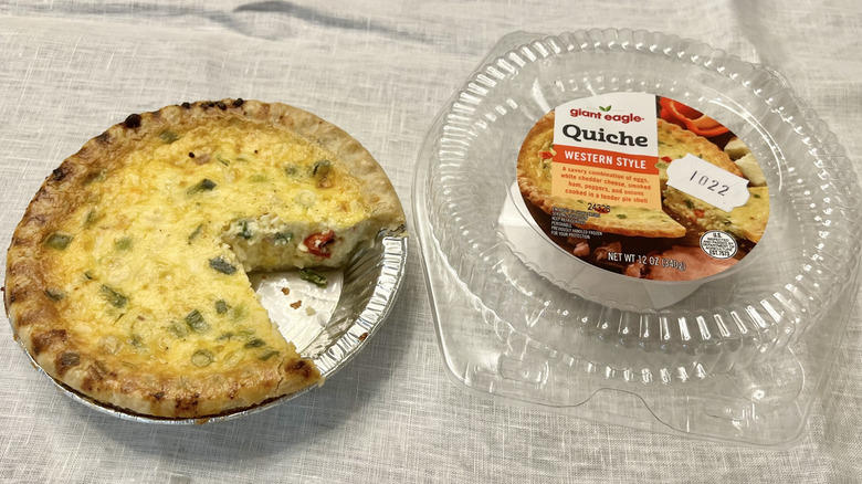 Giant Eagle Western style quiche with slice missing.