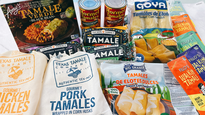 variety of tamale brands on a table