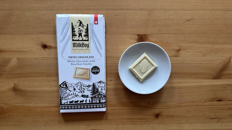 MilkBoy White Chocolate with Bourbon Vanilla Bar on wooden table