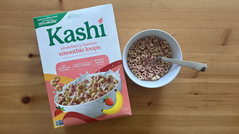 Kashi Strawberry Banana Smoothie Loops in white bowl on table