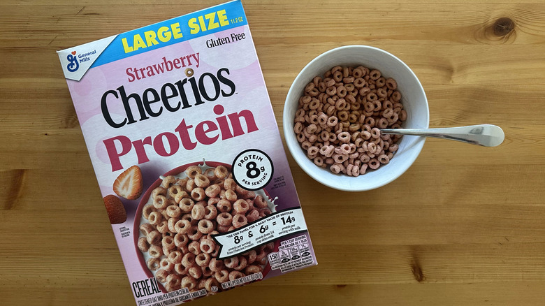 Strawberry Cheerios Protein in white bowl on table