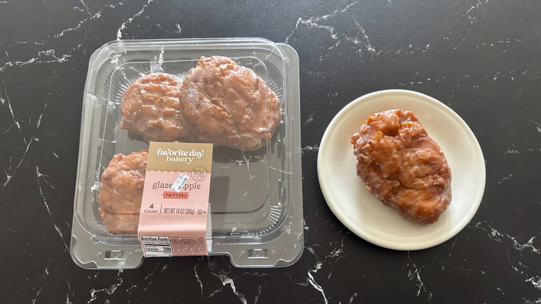 Favorite Day apple fritters package next to fritter on plate