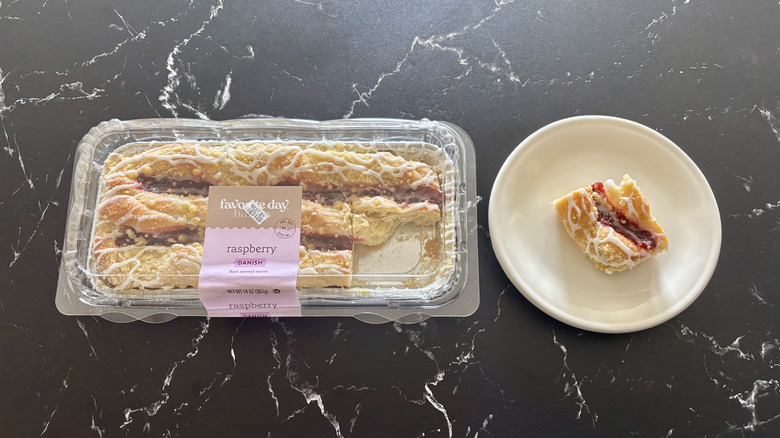Favorite Day Danish in package next to slice on plate
