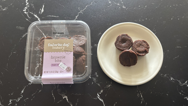 Favorite Day brownie bites package next to bites on plate