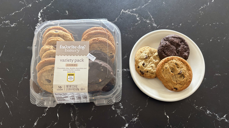Favorite Day variety cookie pack next to cookies on plate