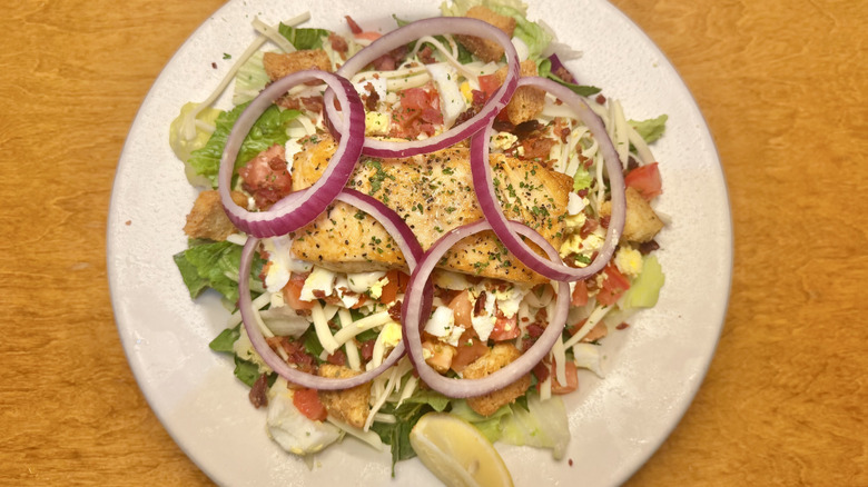 Grilled Salmon Salad on a chilled plate