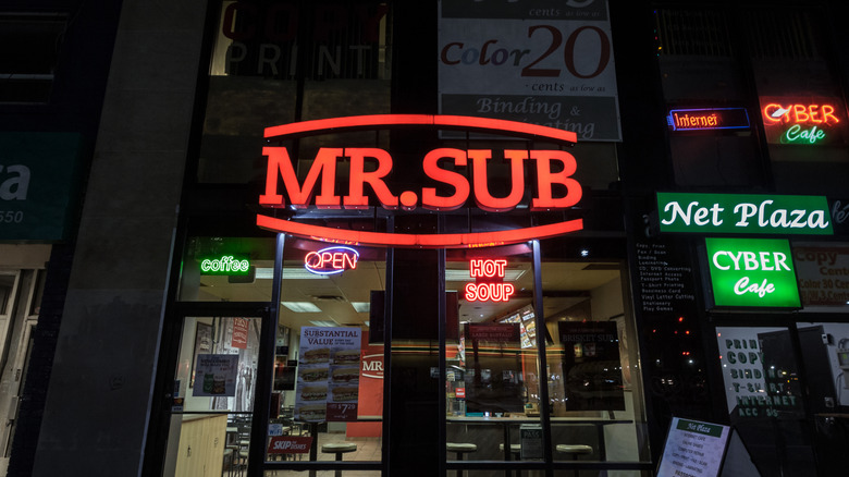 Mr. Sub logo in front of their local Restaurant in Toronto Ontario, at night