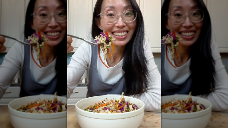 Olivia Yi from Costcokitchen eating salad at home