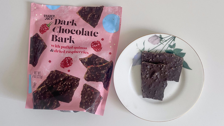 Dark chocolate bark on a small plate