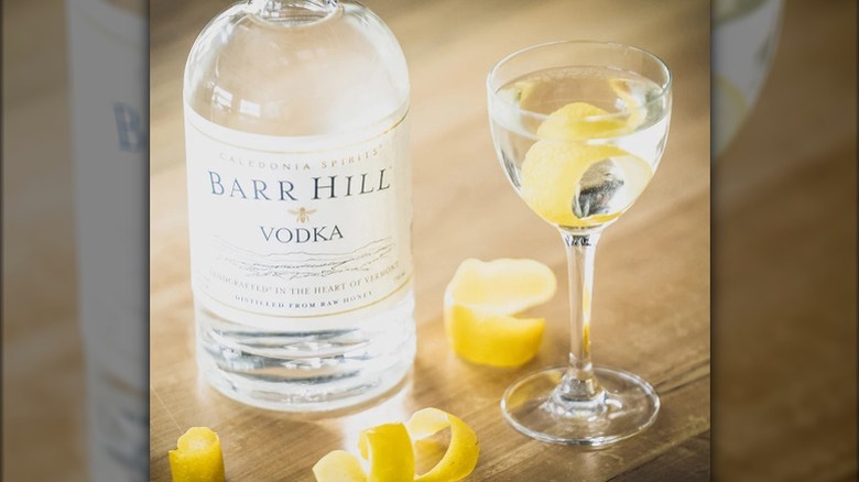 Label close-up of Barr Hill Vodka bottle next to martini with lemon peel against out of focus wooden background