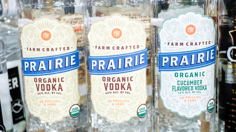 A view of several bottles of Prairie organic vodka on display at a local grocery store.