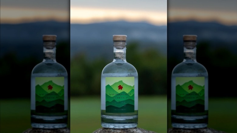 Label view of Vermont Vodka against out of focus green background