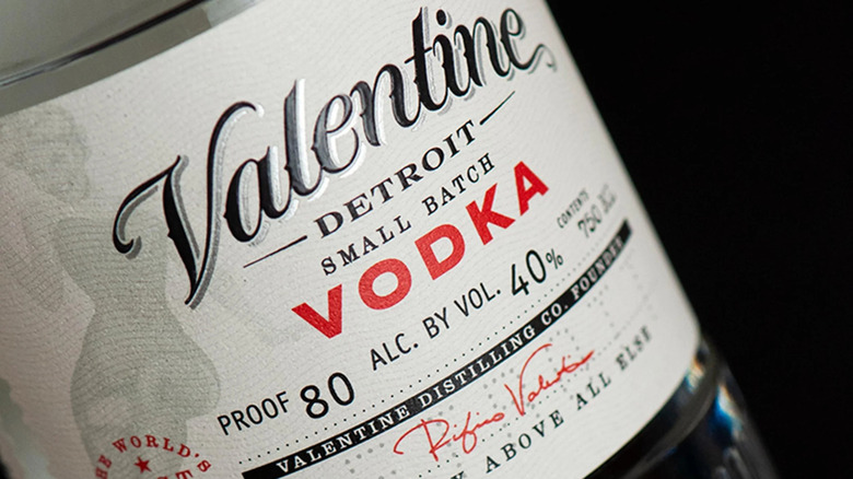 Super close-up of label Valentine Vodka made in Detroit