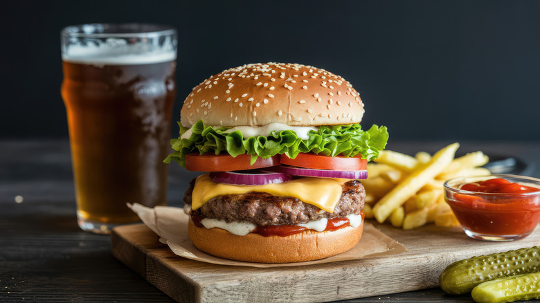 Cheeseburger served on a wooden board, dressed with lettuce, tomato, red onion, mayo and ketchup on a sesame bun, with fries, ketchup, pickles and beer.