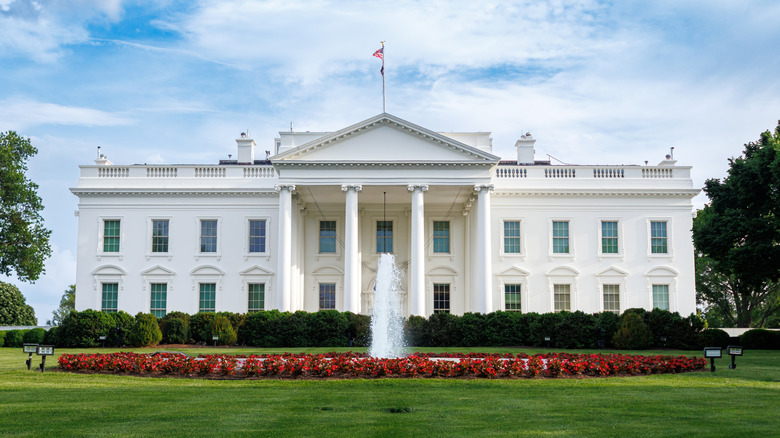 Landscape shot of the White House, garden, and fountain