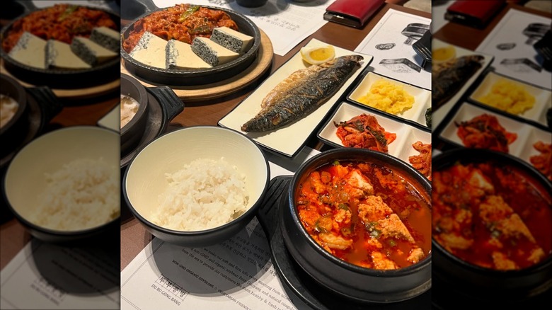 Korean table spread of mains and sides