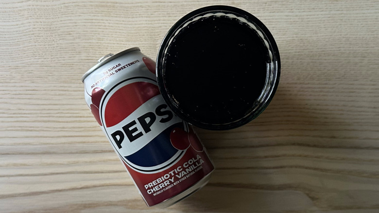 Pepsi Prebiotic Cola Cherry Vanilla in blue glass