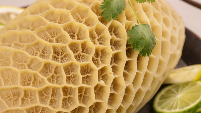 close up of honeycomb tripe with parsley and lime