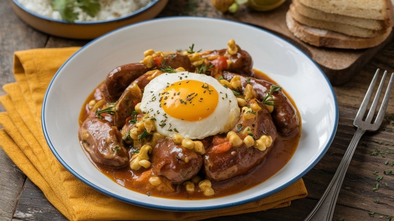 Deviled kidneys in a dish on a table with an egg