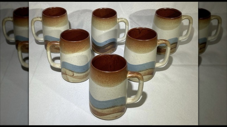 Six colorful vintage Otagiri mugs from Japan on a white background
