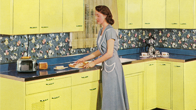 retro image of kitchen with metal cabinets