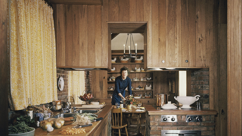 Julia Child inside a retro kitchen with wood paneling