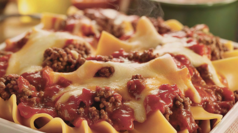 Johnny Marzetti pasta in white baking dish