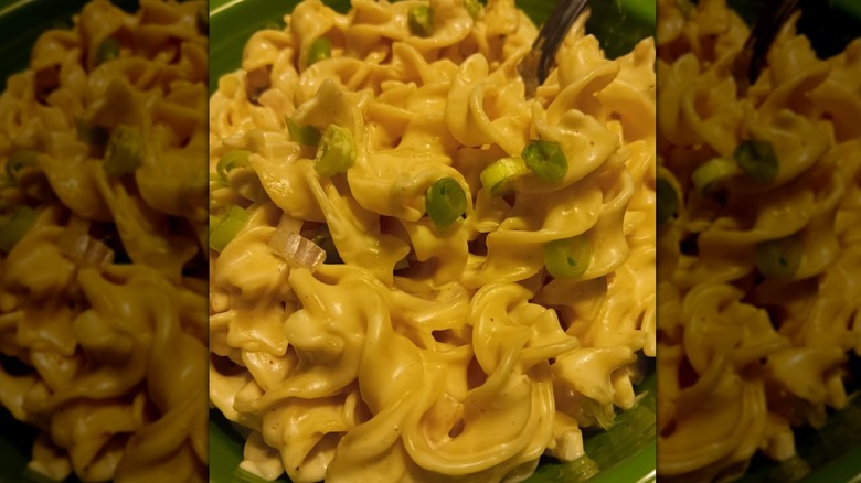 Noodles Romanoff with scallions on green plate
