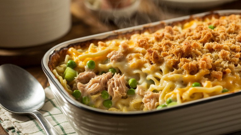 Baked tuna noodle casserole in silver baking dish with spoon