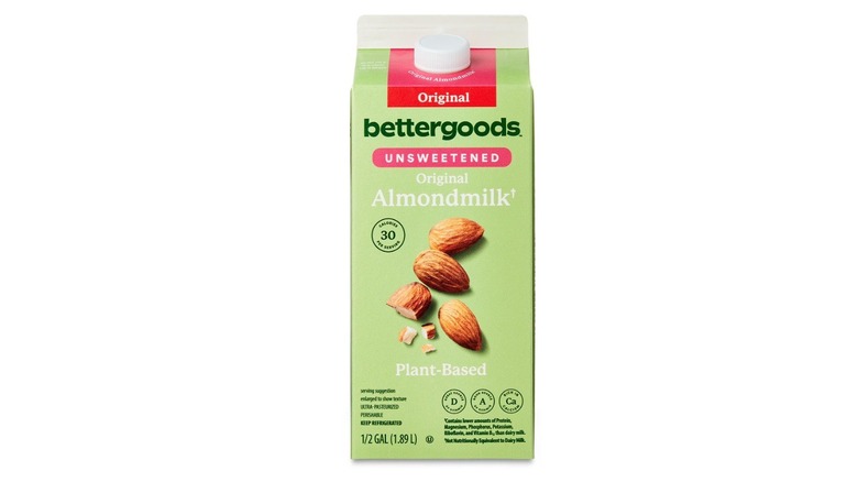 Carton of unsweetened almond milk with illustration of almonds on front