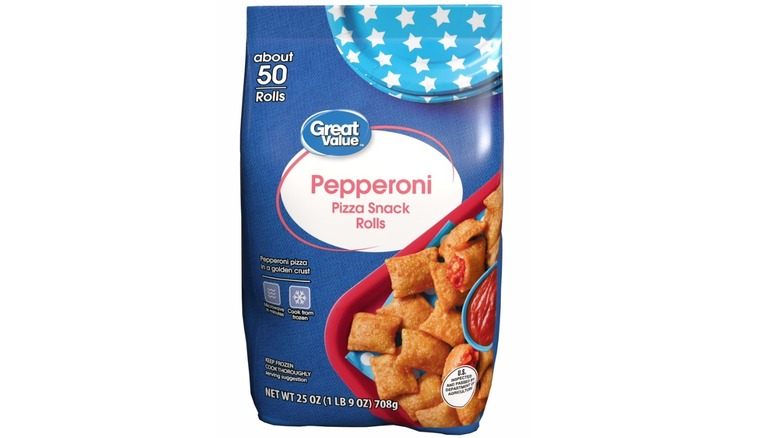 Package of pepperoni pizza snack rolls with image of cooked product alongside ketchup and star-spangled paper plates