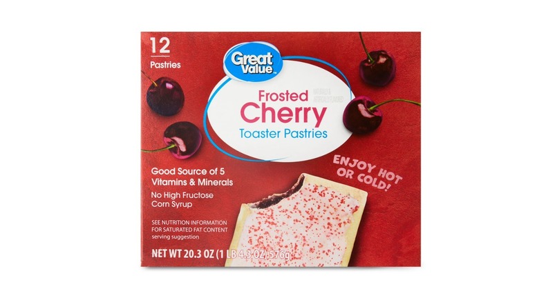 Box of frosted cherry toaster pastries with image of product and four cherries on front