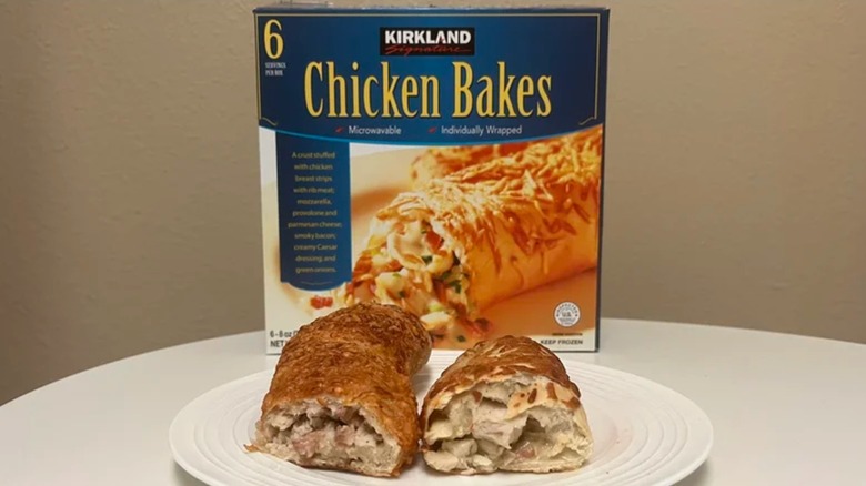 Kirkland Signature frozen chicken bake on white plate with box