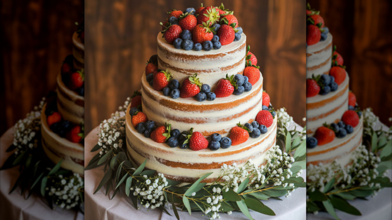 naked wedding cake with berries
