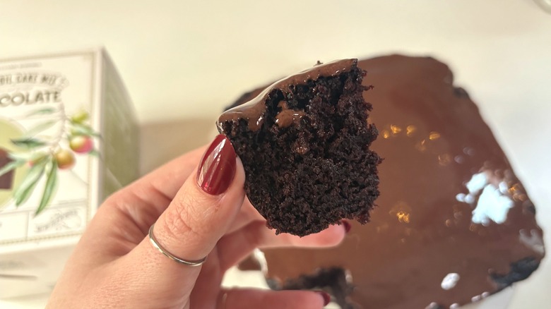 Hand holding piece of chocolate cake over chocolate olive oil cake and box