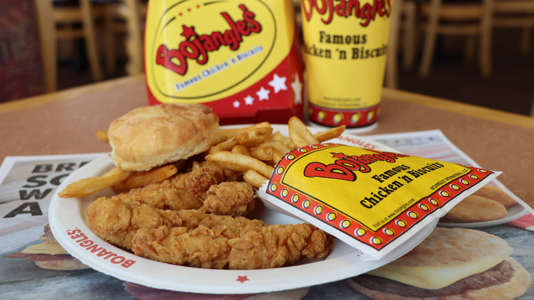 Plate of Bojangles chicken, fries, and biscuit