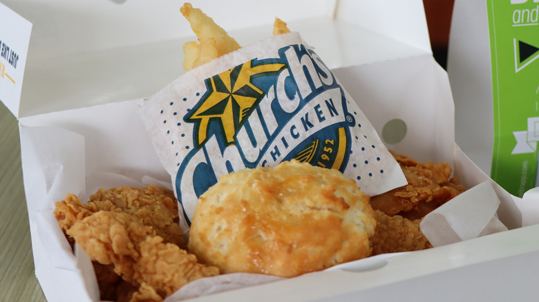 Box of chicken and fries from Church's Texas Chicken