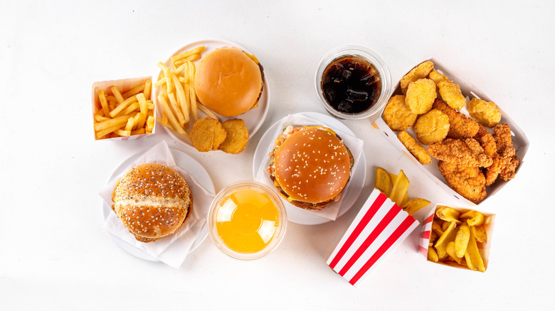 Top view of junk food and soda