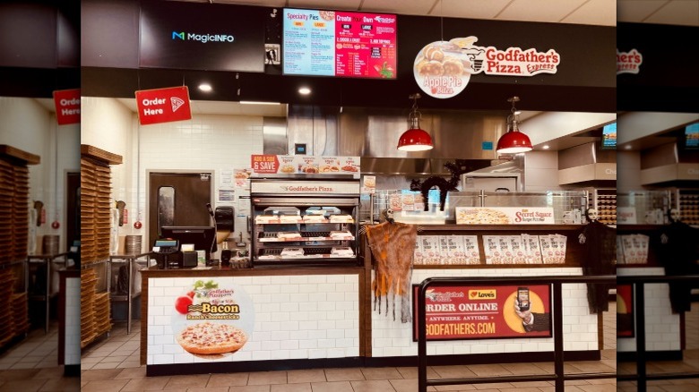 inside of a Godfather's pizza shop location