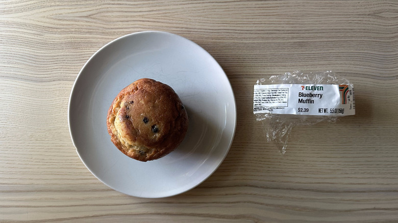 7-Eleven blueberry muffin on white plate