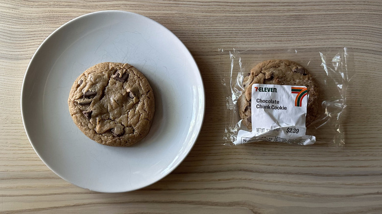 7-Eleven chocolate chunk cookie on white plate