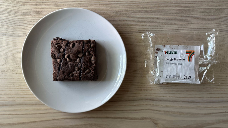 7-Eleven fudge brownie on white plate