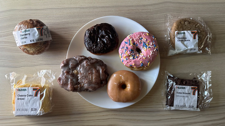 7-Eleven bakery items on plate and on wooden table