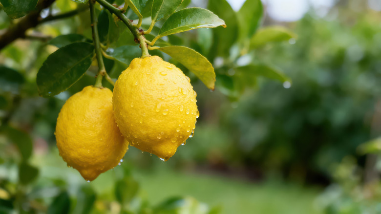 A close up of two lemon fruits that have recently been watered