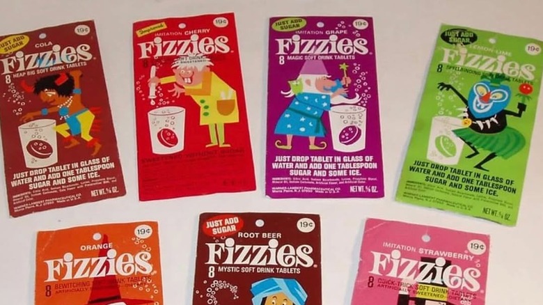 The package art of various 1960s Fizzies Drink Tablet flavors