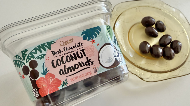 Close up of a package Choceur Dark Chocolate Covered Coconut Almonds